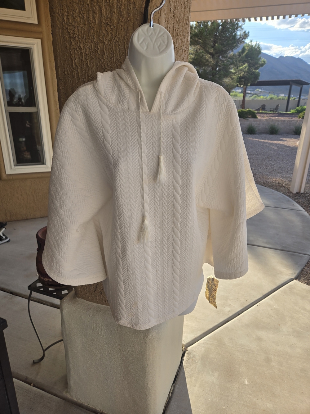 Cream Hooded Cable-Knit Poncho -